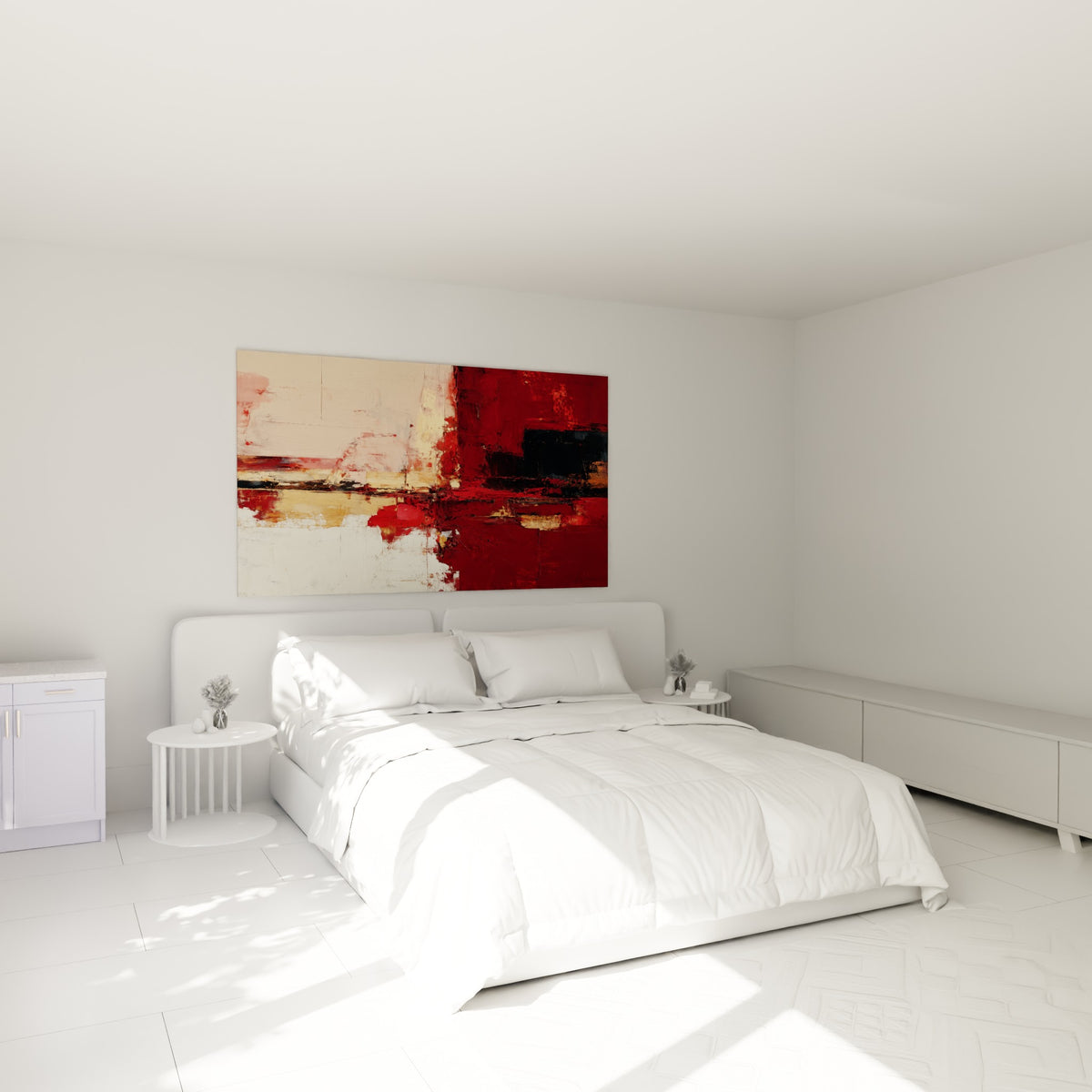 Composition feng shui sud feu rouge et ivoire suspendue au-dessus d'un lit dans une chambre claire