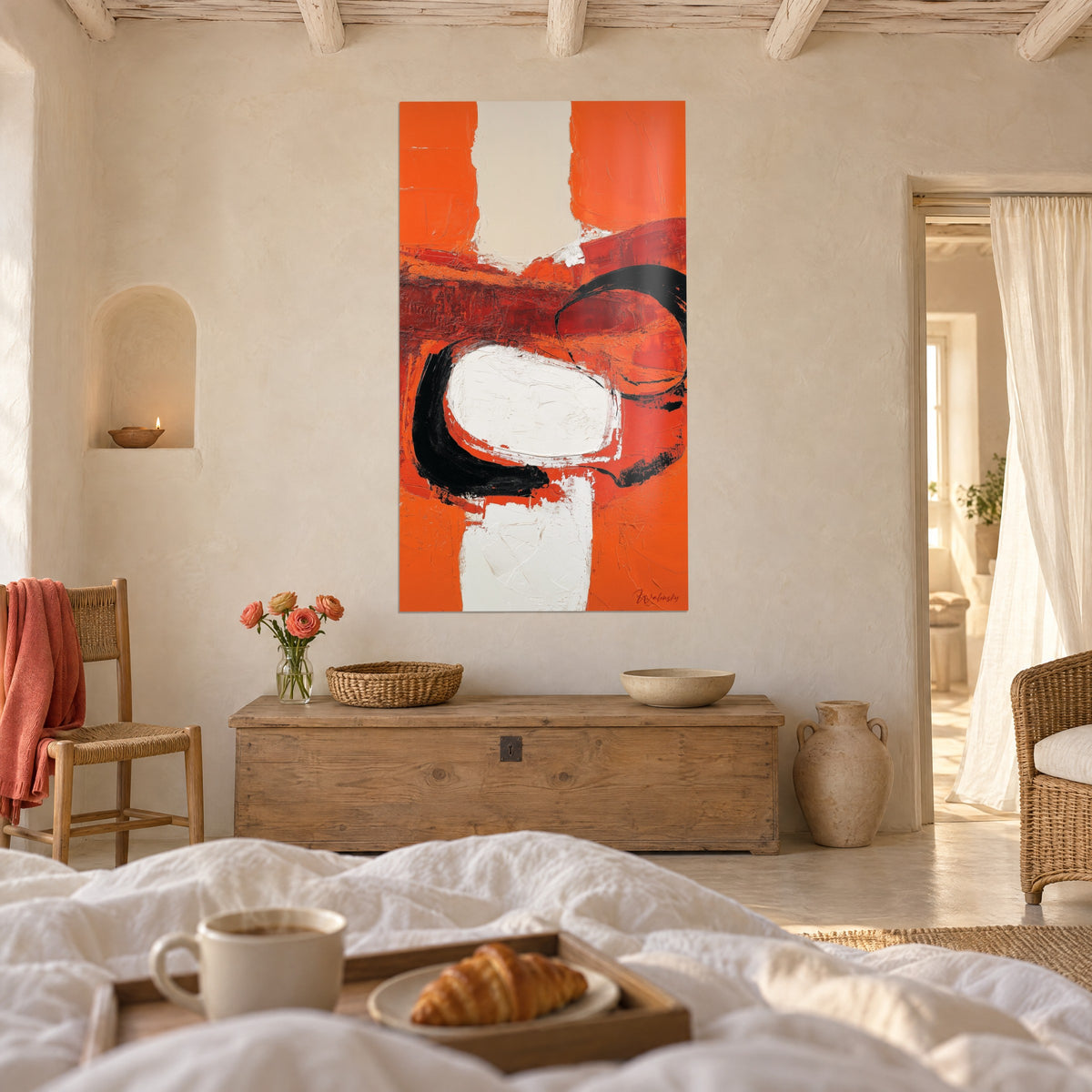 Quadro composizione arancio e bianca a impasto spesso, anello nero su fondo rosso, sopra un letto in una camera luminosa