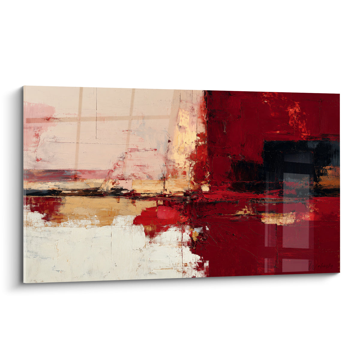 Toile abstraite feng shui sud feu en rouge carmin et blanc cassé texturée à la spatule