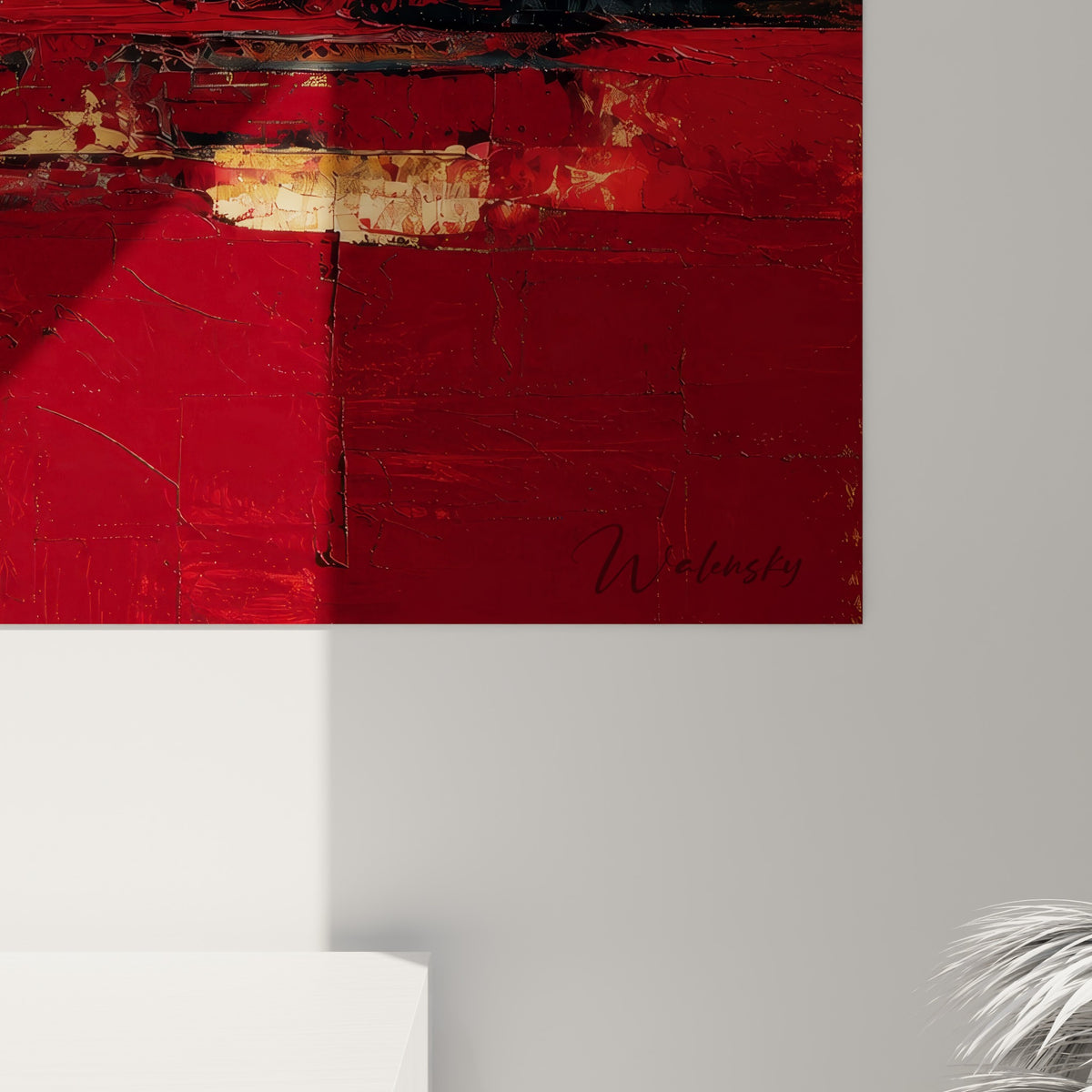Empâtements visibles à la spatule mêlant rouge carmin, noir profond et touches dorées sur ce tableau feng shui sud feu