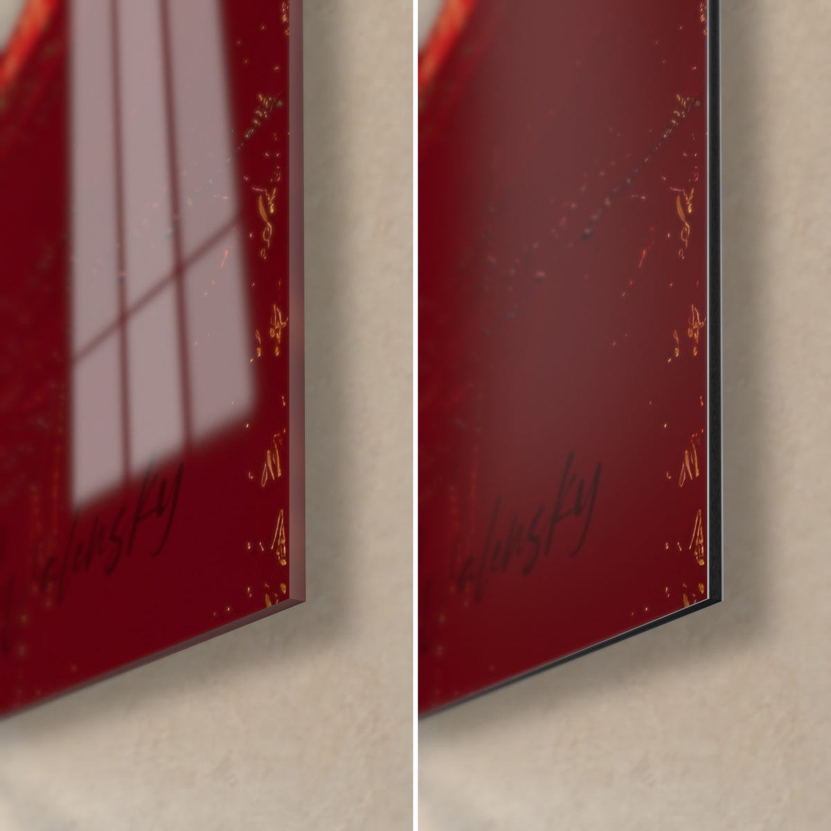 Tableau toile abstraite carmin et noir, coin bas droit, verre acrylique brillant à reflets, Dibond mat, tranche de 3 mm