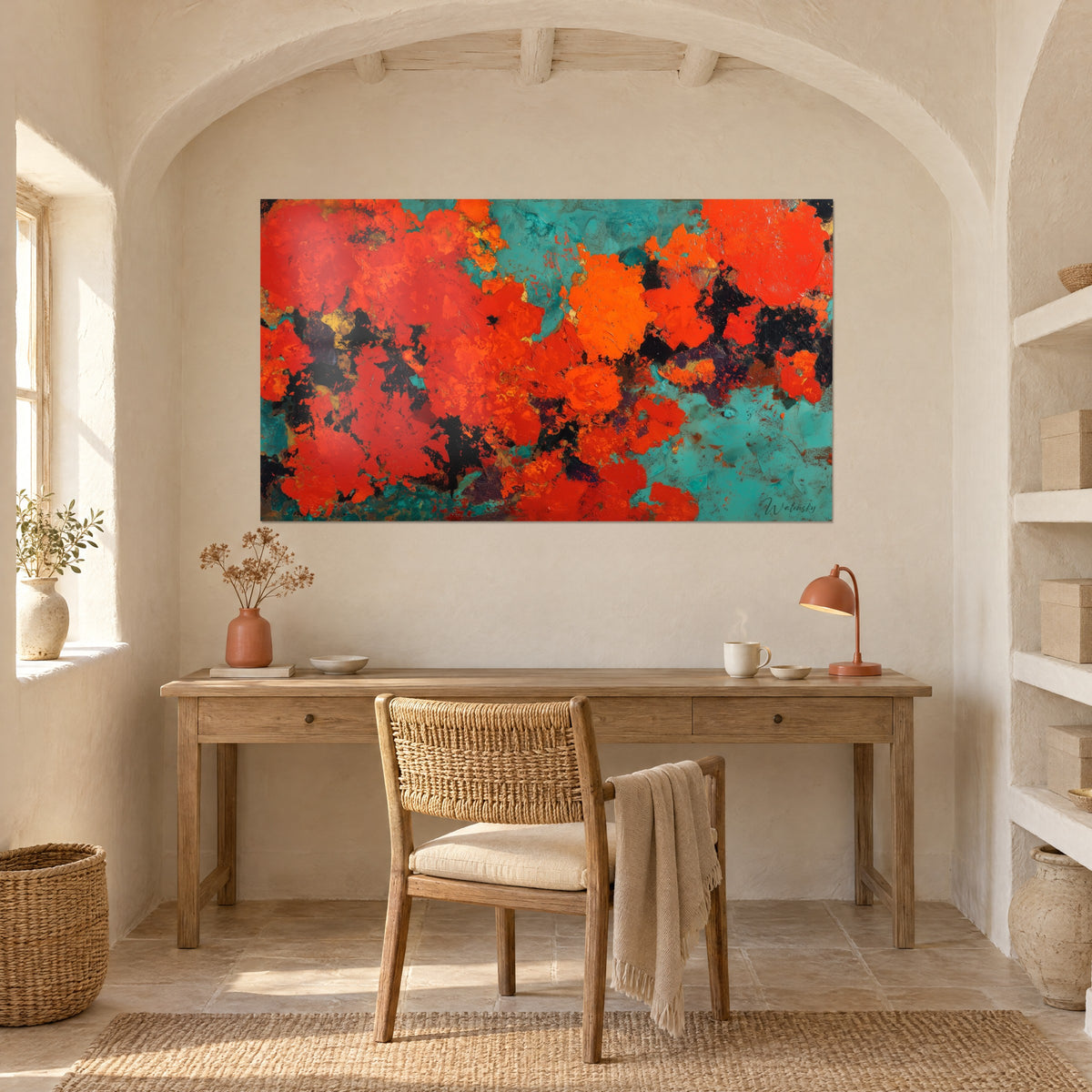 Schilderij massa's vermiljoen en grijsgroene verf, opgehangen boven een houten bureau onder een boog