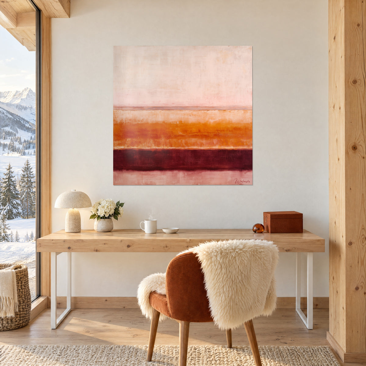 Wall art colour field in three bands of pale pink, copper orange and burgundy, hung above a light wood desk near a window