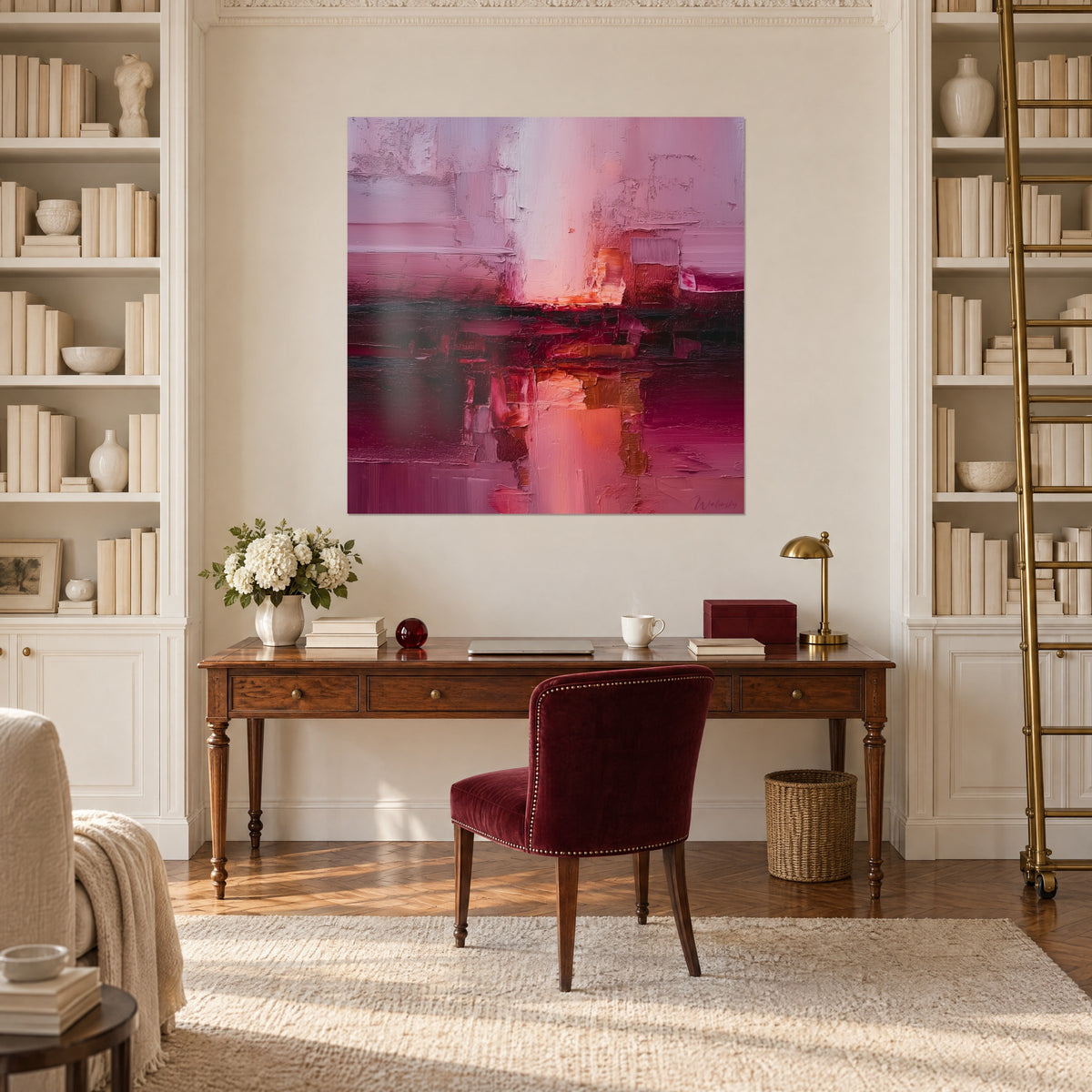 Schilderij getextureerd werk in lichtroze, pruim en bordeaux, verticale streep licht, tussen twee witte boekenkasten boven een bureau