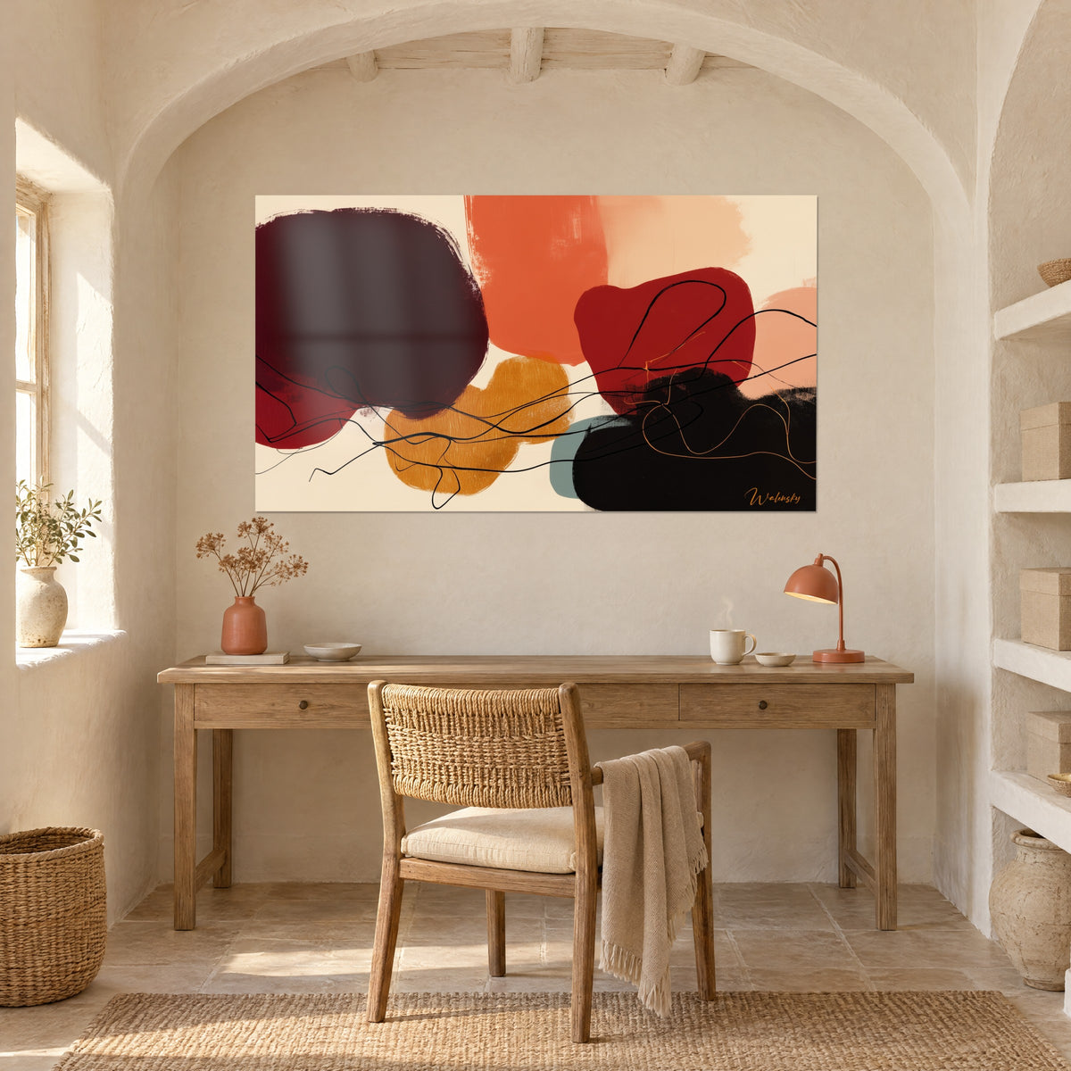 Cuadro de obra contemporánea con nubes burdeos, salmón y negro sobre fondo crema, encima de un escritorio de madera y una lámpara naranja
