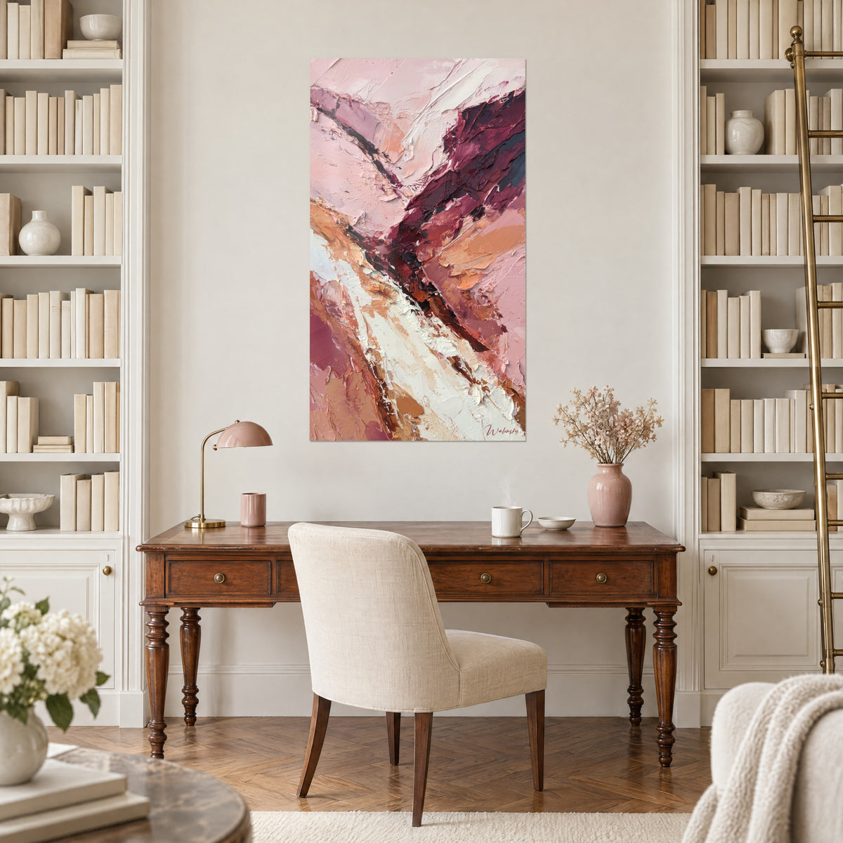 Wall art Thick paint blocks in burgundy, light pink and sienna, between two bookcases in a Haussmann-style study