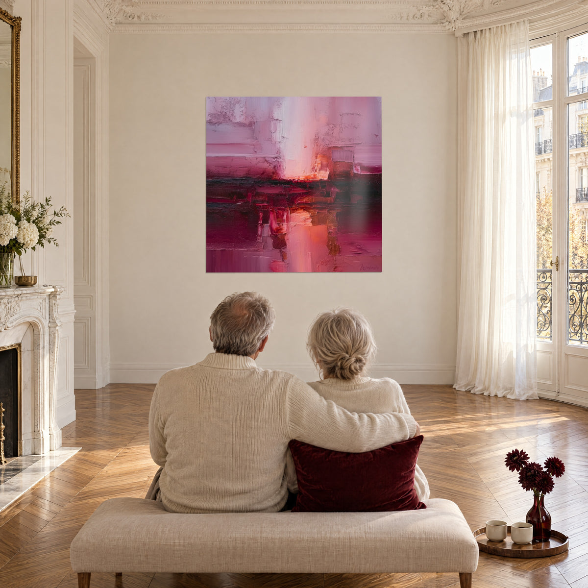 Schilderij abstracte horizon in bordeaux en zalmroze, oranje weerspiegeling, tegenover een koppel dat met de rug naar de kijker op een gecapitonneerde bank zit