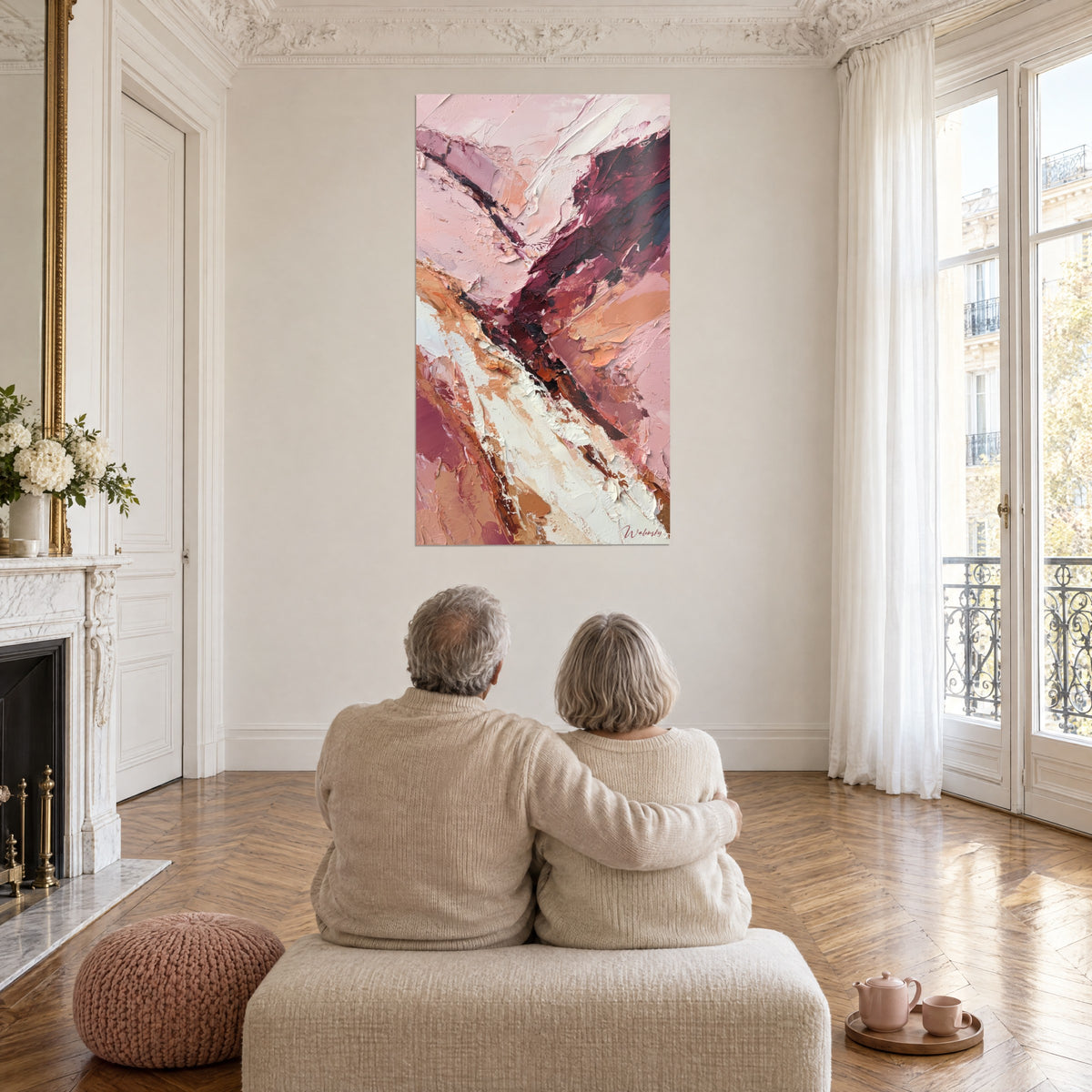 Wall art Expansive field of pink matter in wine red and cream white, viewed from behind by an elderly couple in a Haussmann-style living room