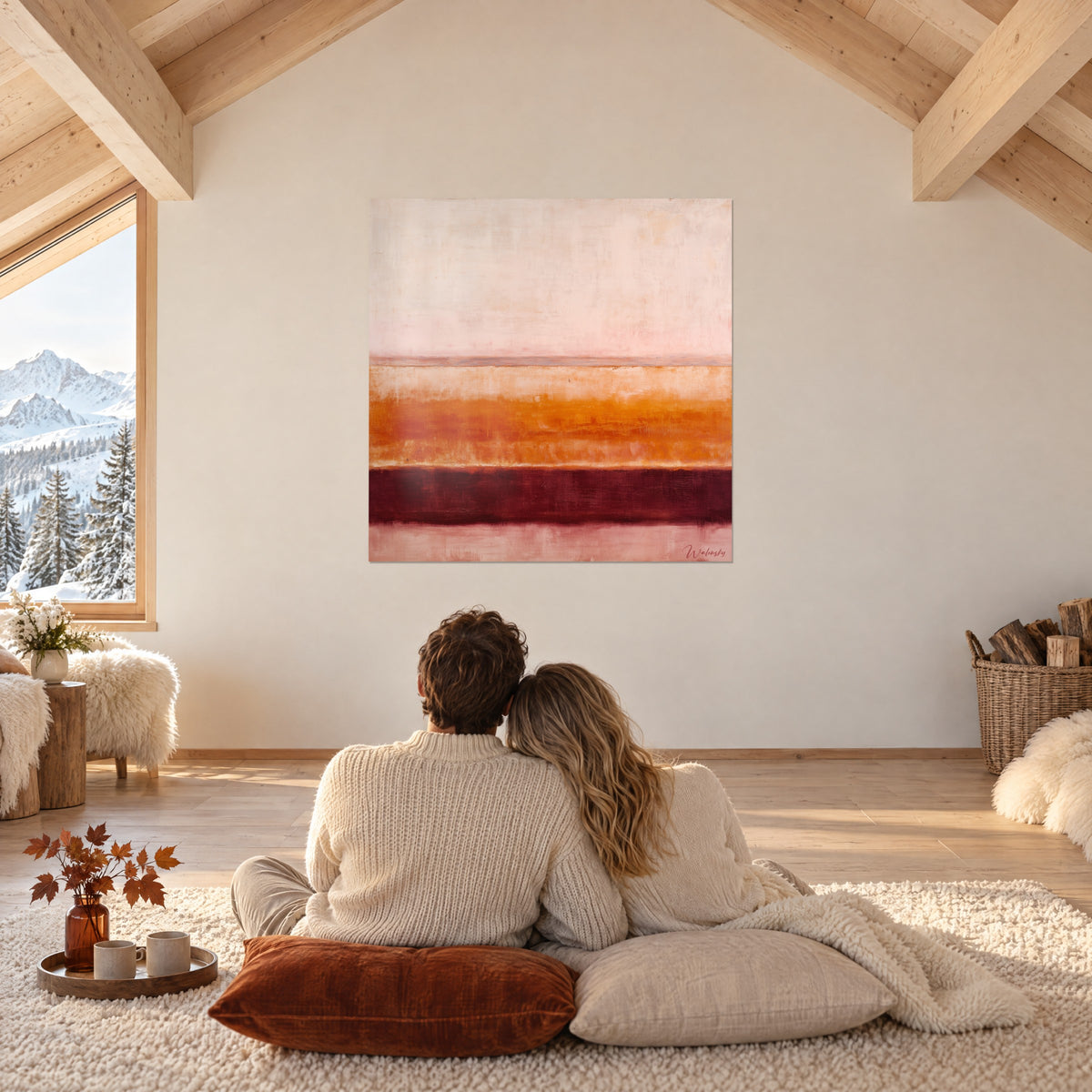 Wall art abstract fresco in rosy sand, amber orange and wine-lees purple, an embracing couple seen from behind on a plush rug in a mountain chalet