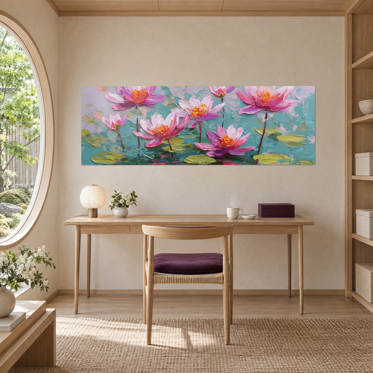 Wall art of pale pink and violet petals with orange centres, thick palette-knife texture on a turquoise background, above a light wood desk