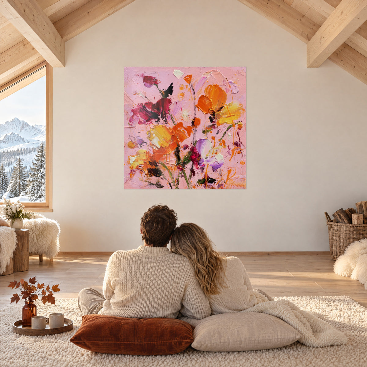 Cuadro nube de flores rosas, amarillas y naranjas, salpicaduras de pintura vibrante, pared blanca de chalet frente a una pareja abrazada