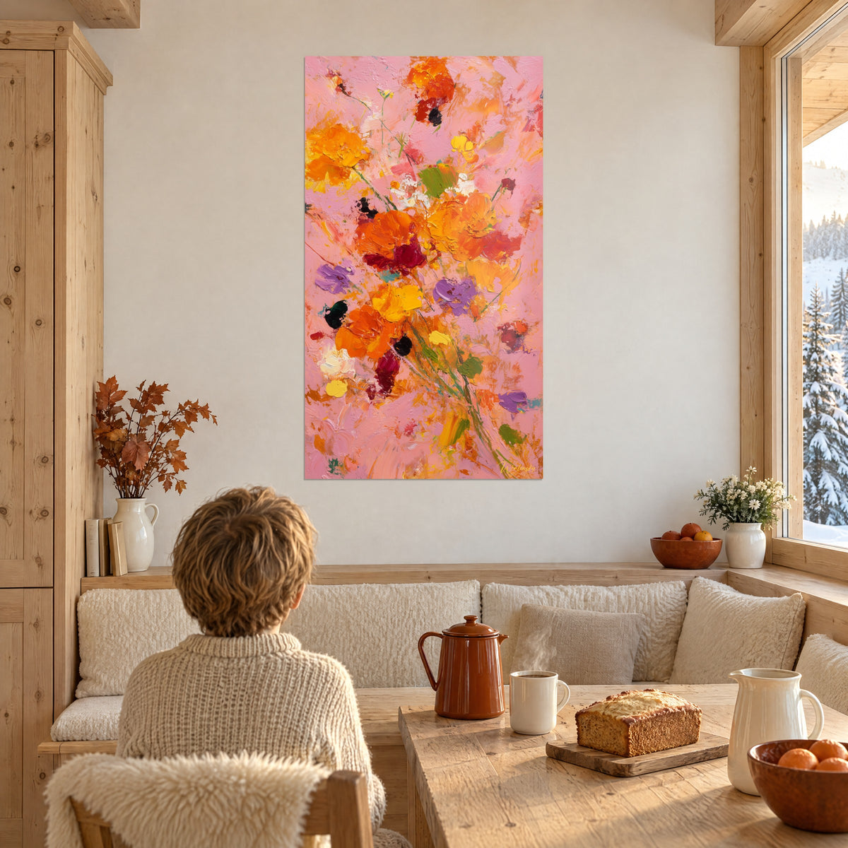 Tableau gerbe de pavots gouachés orange vif et lilas sur rose tendre, observée par un enfant à la table du goûter