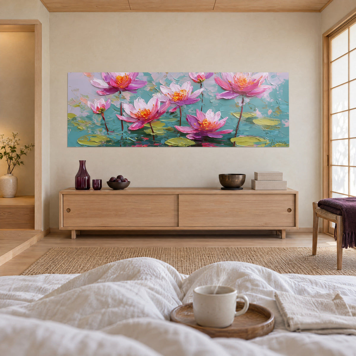 Wall art of a flowering pond with fuchsia and violet blossoms on turquoise water, facing a person seen from behind, above a bed in a bright bedroom