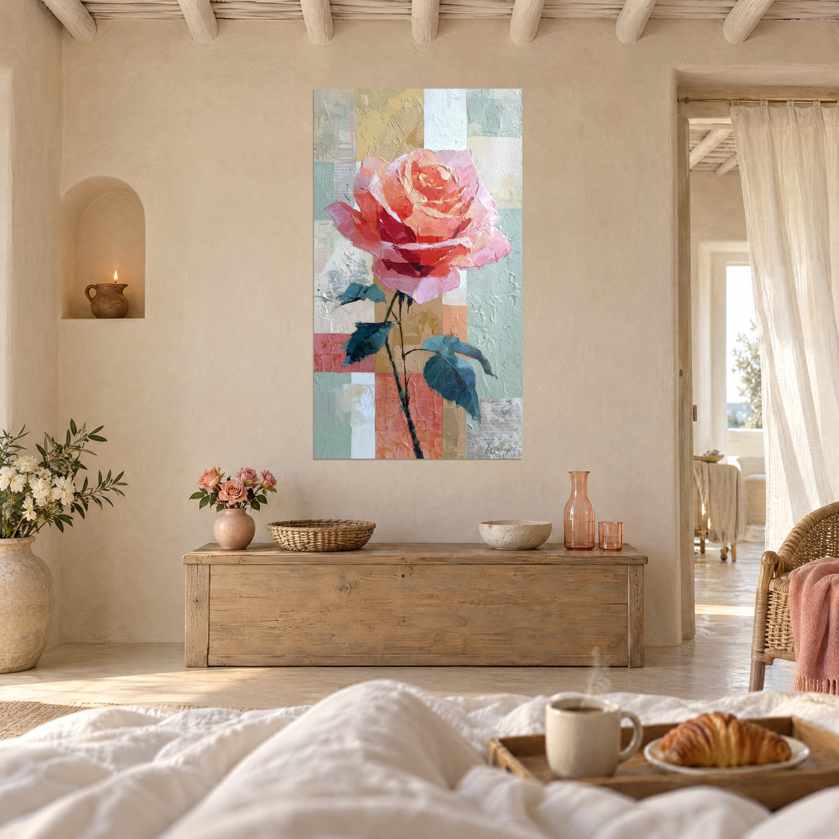 Wall art peach and carmine rose bud, dark stems on mint and ochre background, above a bed in a bright bedroom