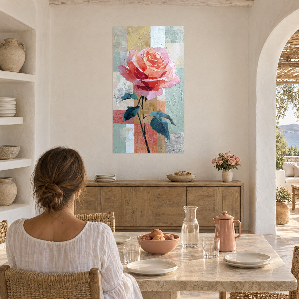 Wall art pink flower with powdery pink petals painted with a palette knife, almond green and saffron background, woman seen from behind at a table, Provençal house