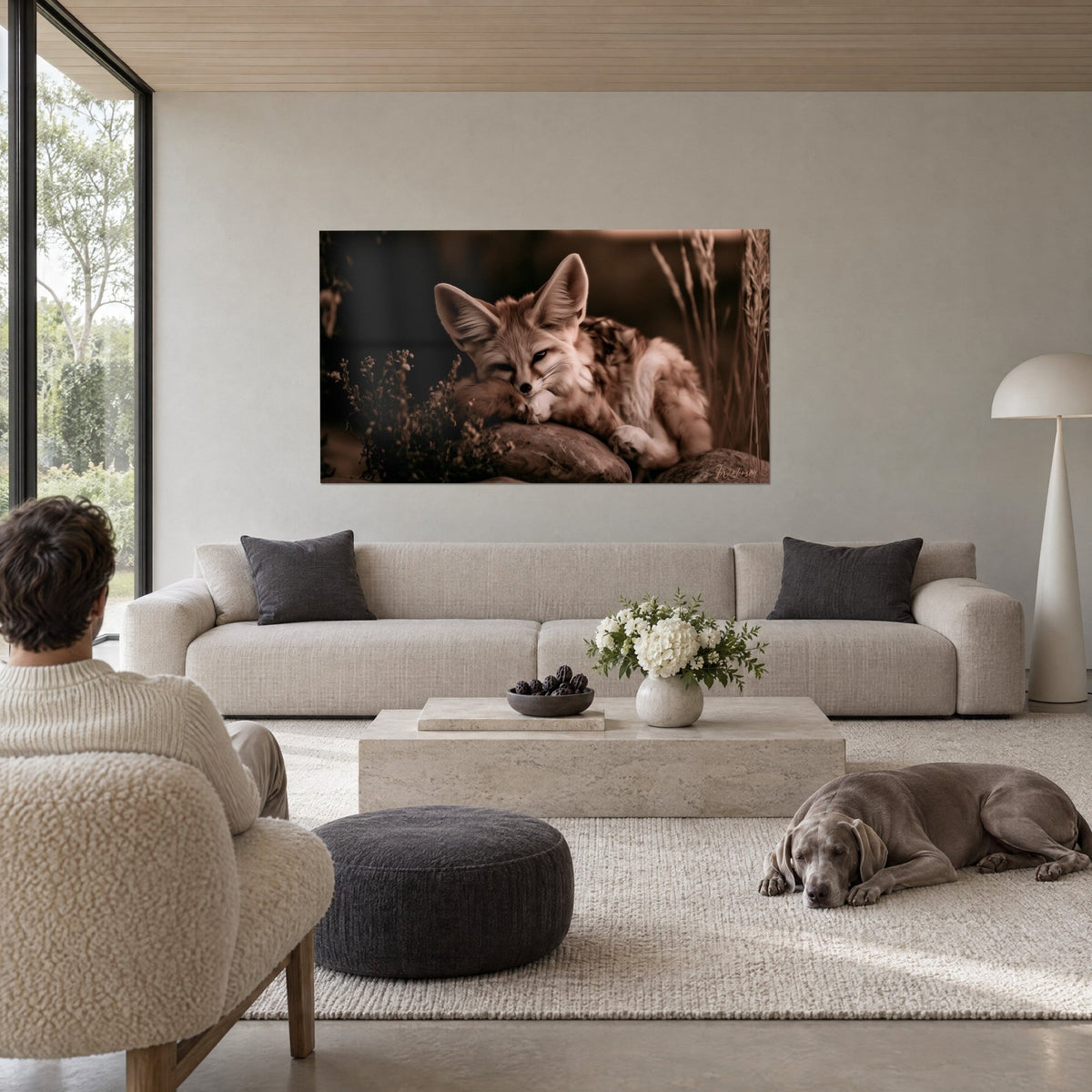 Wall art sleeping fennec fox with large ears, beige and brown fur on a rock, above a sofa in a bright living room