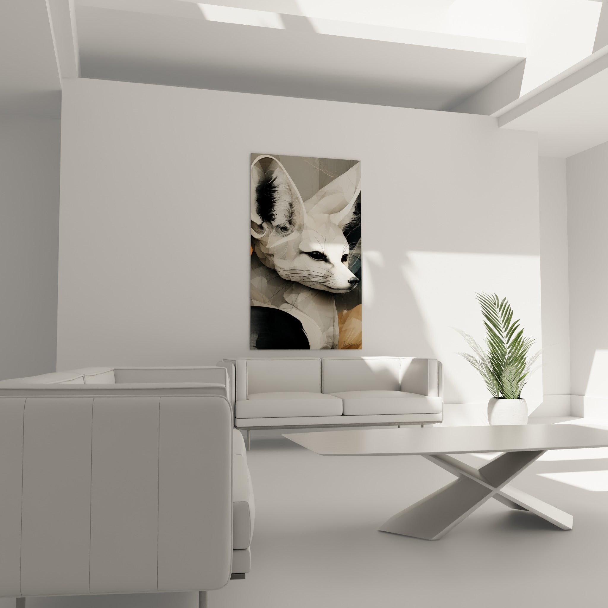 Fennec anthracite et beige au museau détaillé, suspendu au-dessus d'un canapé dans un salon lumineux