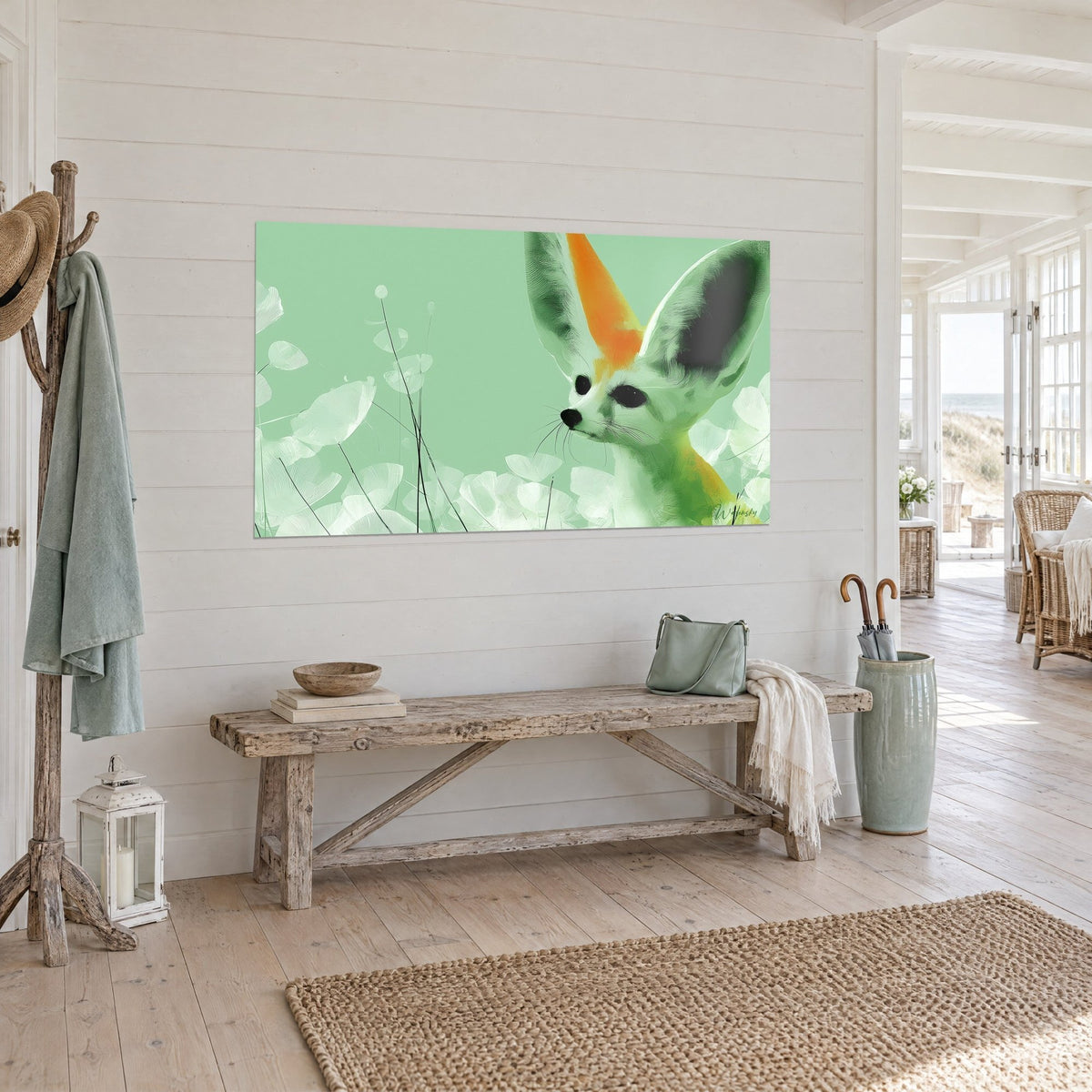 Wall art small fennec fox with black muzzle and white petals, orange ear on a mint background, three-quarter view, seaside house