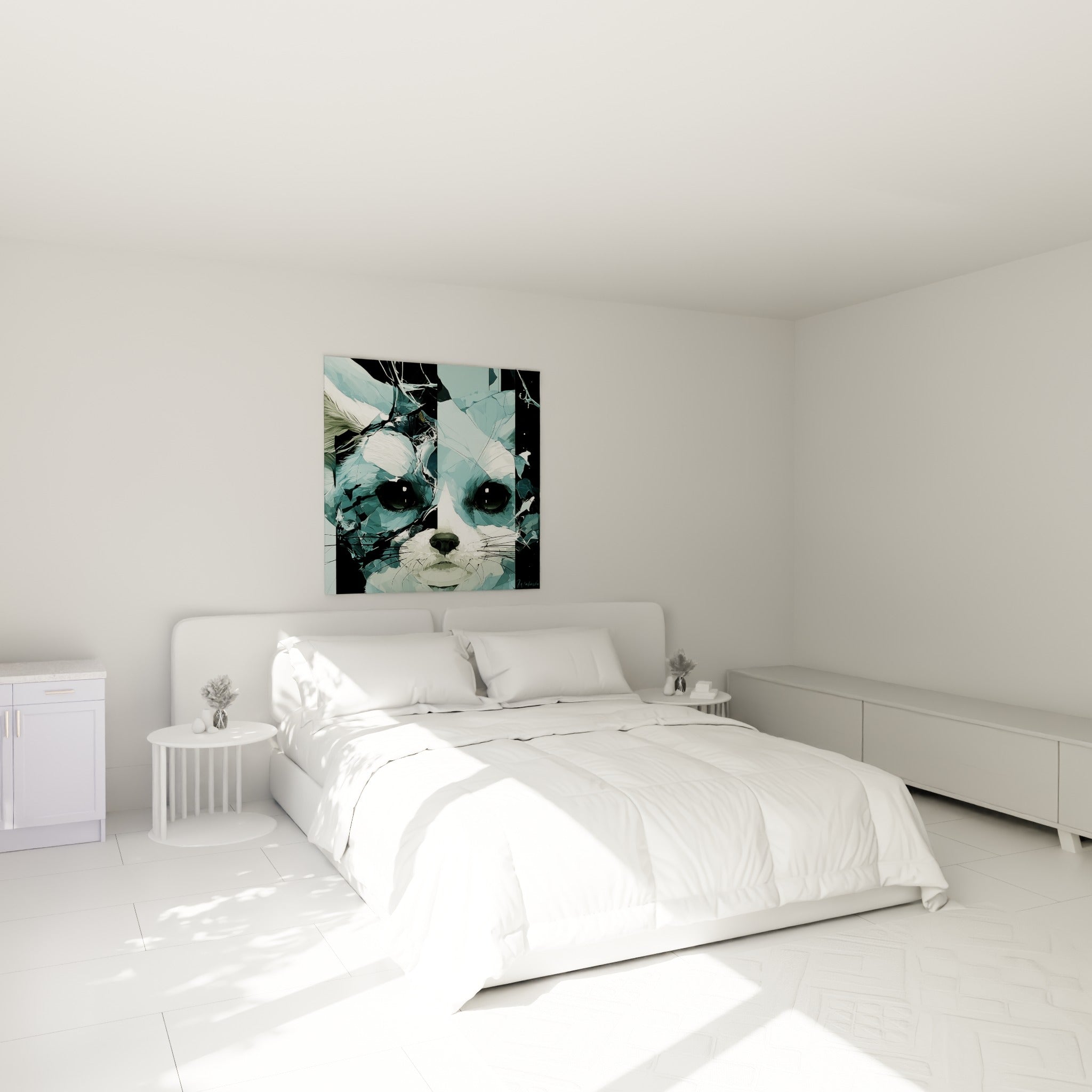 Fennec fracturé aux teintes bleu pastel et noir intense, accroché au-dessus d'un lit dans une chambre claire