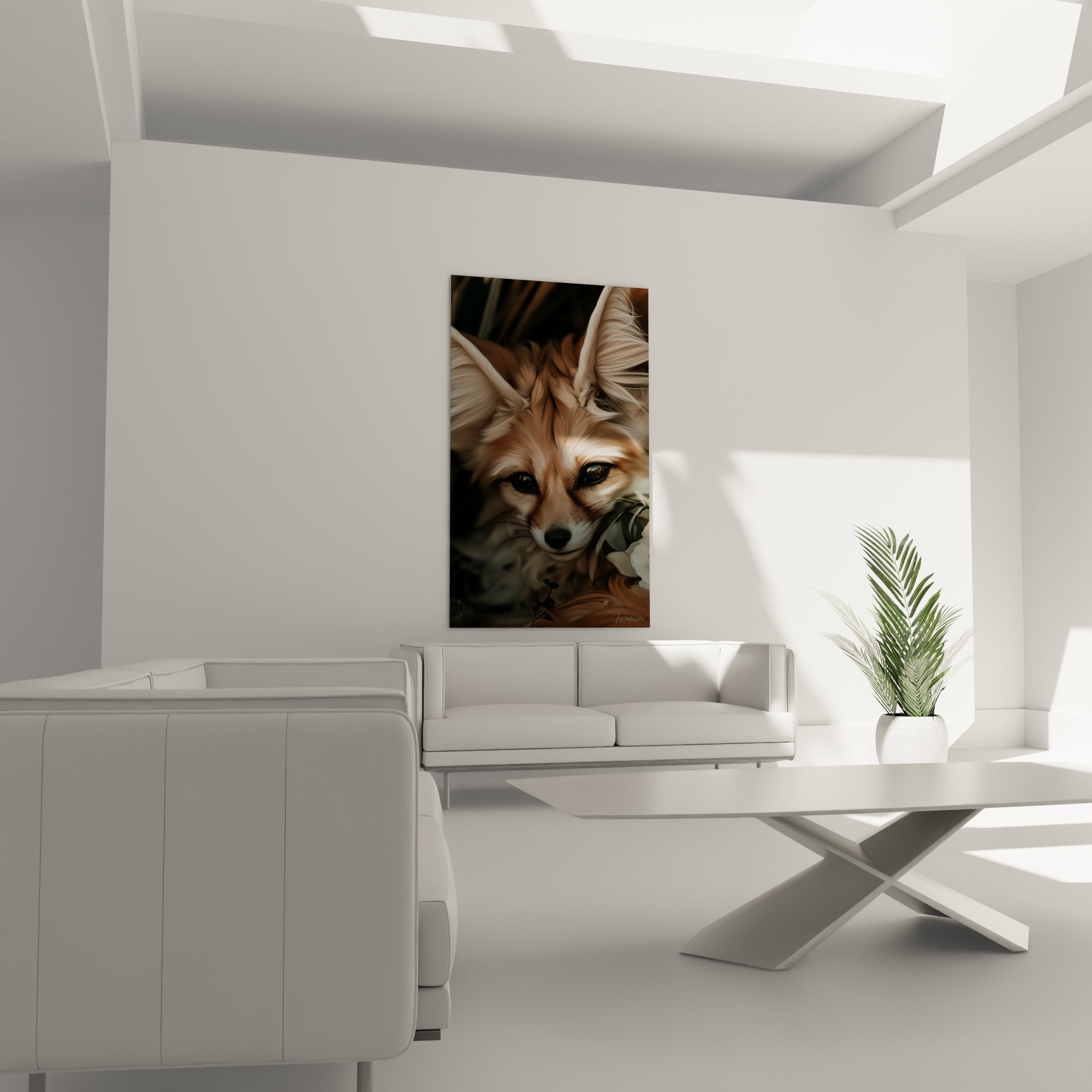 Museau noir et yeux perçants du fennec ocre placé au-dessus d'un canapé dans un salon lumineux