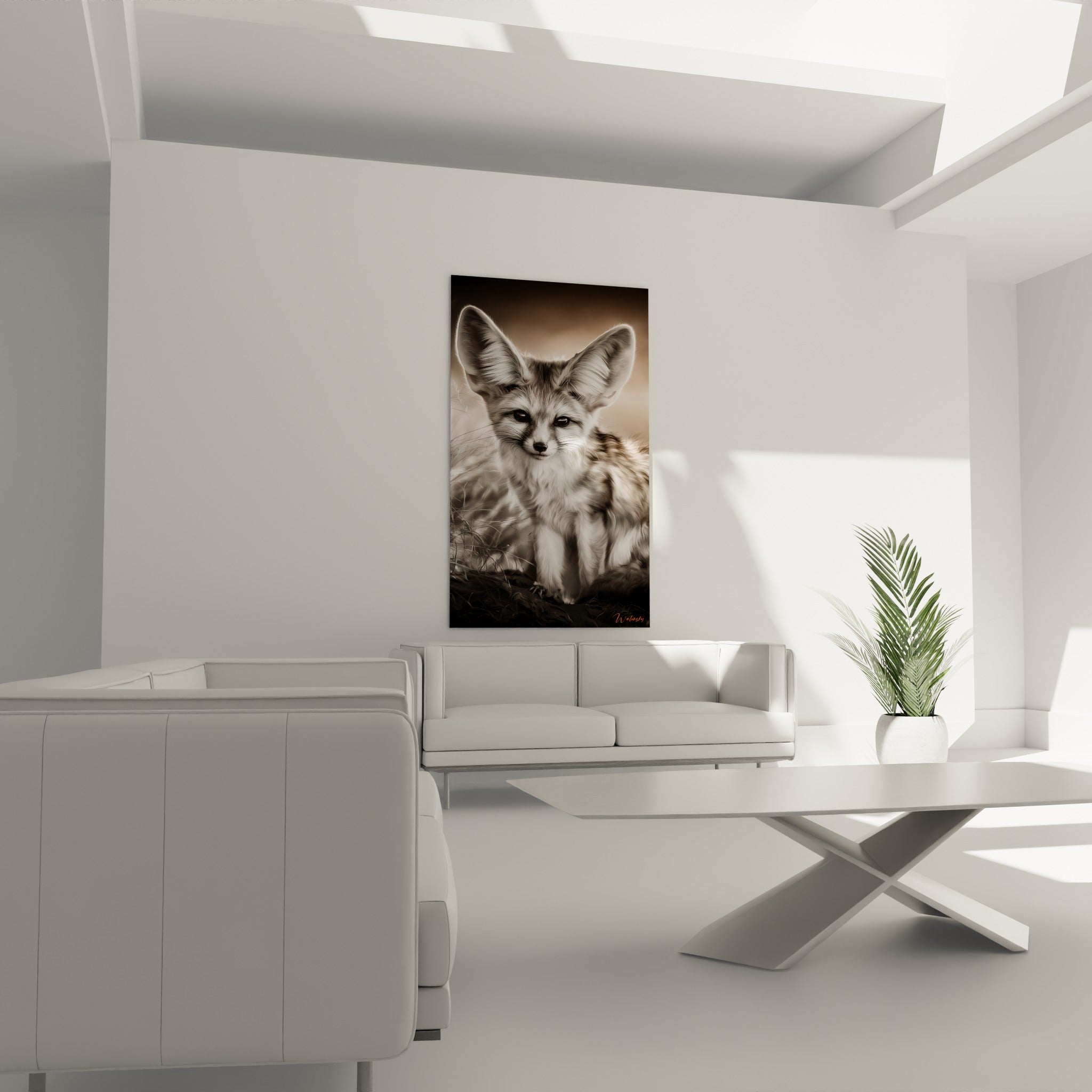 Regard perçant du fennec anthracite et beige, œuvre accrochée au-dessus d'un canapé dans un salon lumineux