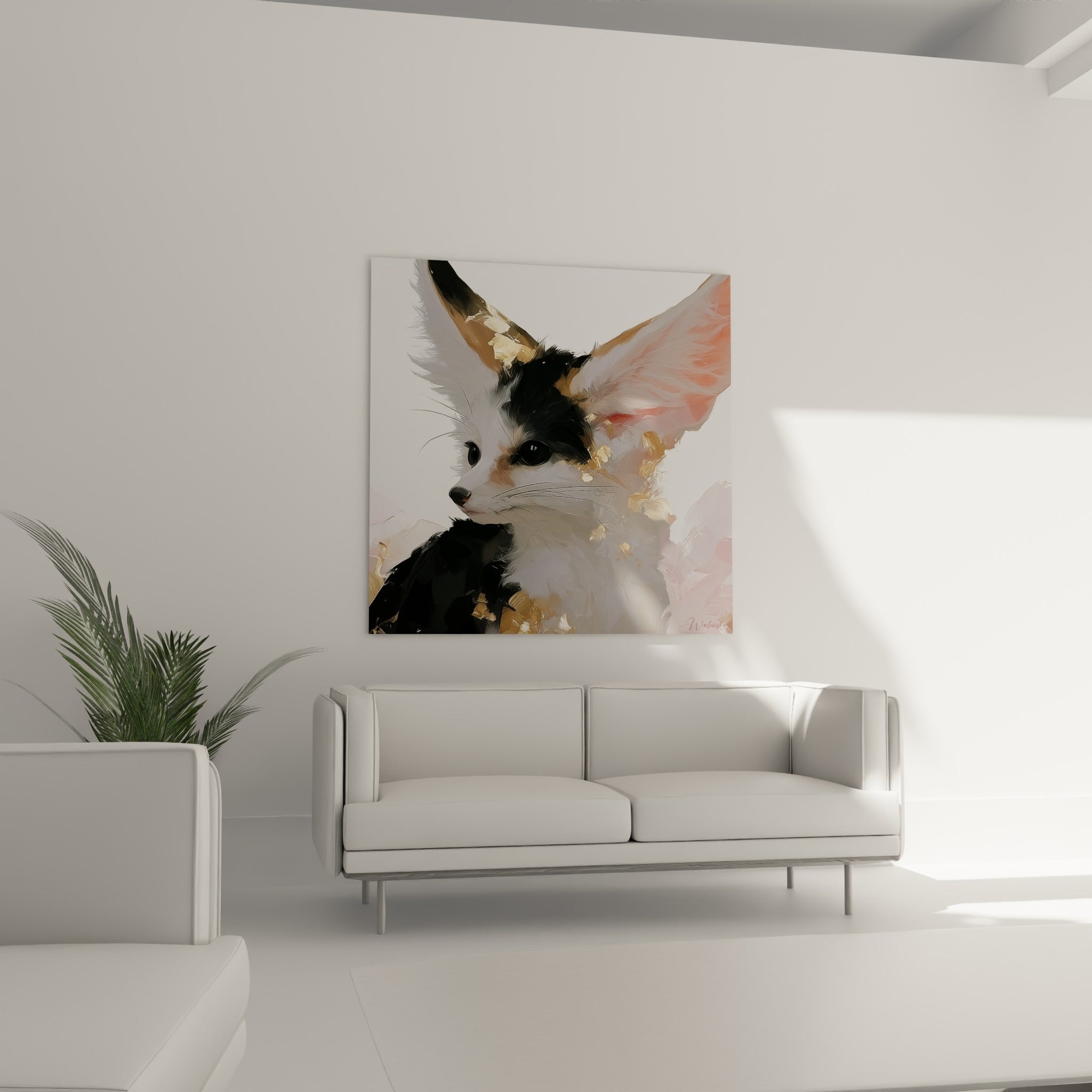Portrait animalier d'un fennec blanc et anthracite disposé au-dessus d'un canapé dans un salon lumineux