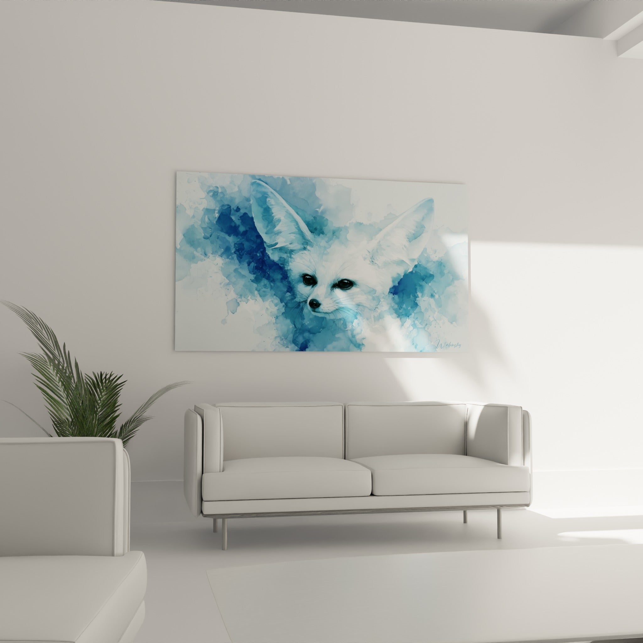 Yeux noirs perçants du fennec anthracite et bleu marine au-dessus d'un canapé dans un salon lumineux