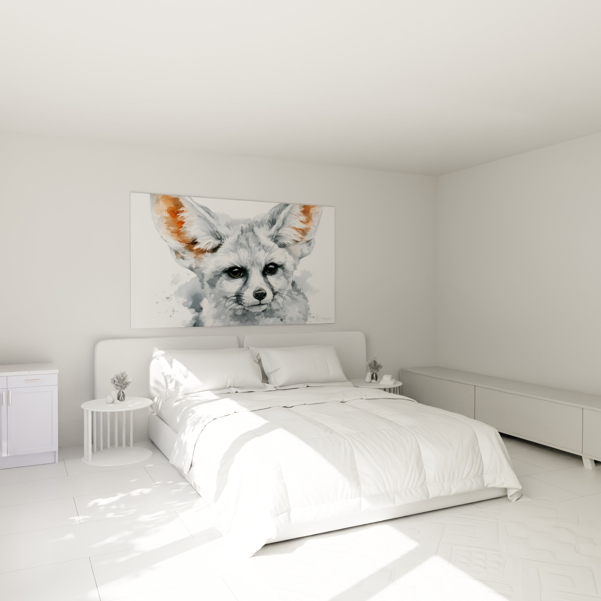 Portrait de fennec gris et terracotta au-dessus d'un lit dans une chambre claire et épurée