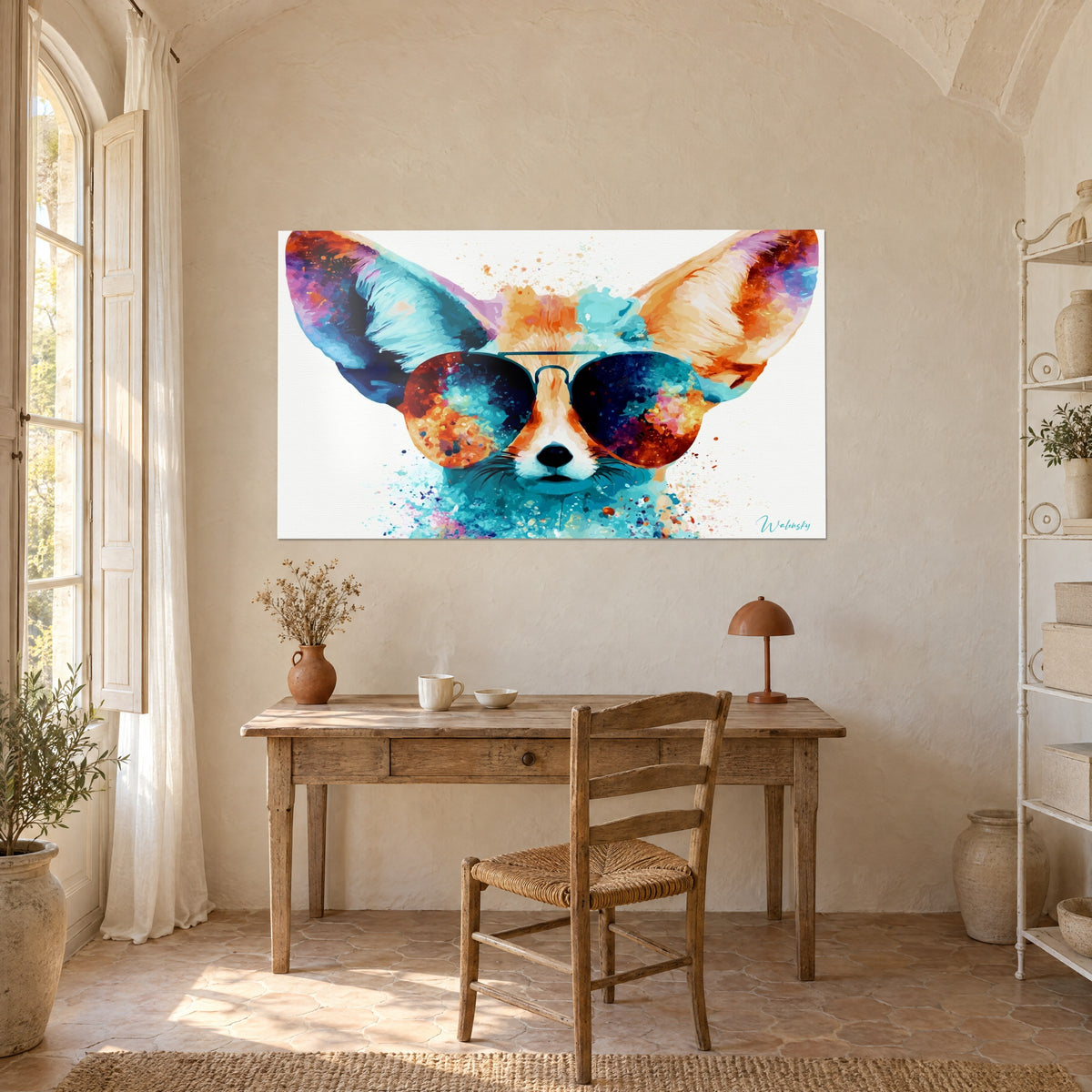 Quadro ritratto di volpe fennec dal muso bianco e tartufo nero, macchie turchesi e ruggine, occhiali da aviatore, appeso sopra una scrivania in legno