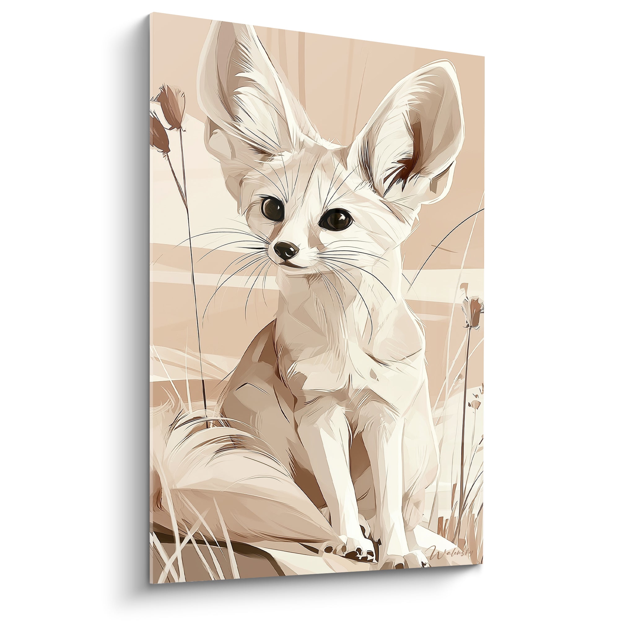 Fennec assis regard perçant, tons beige et sable, illustration graphique aux traits fins