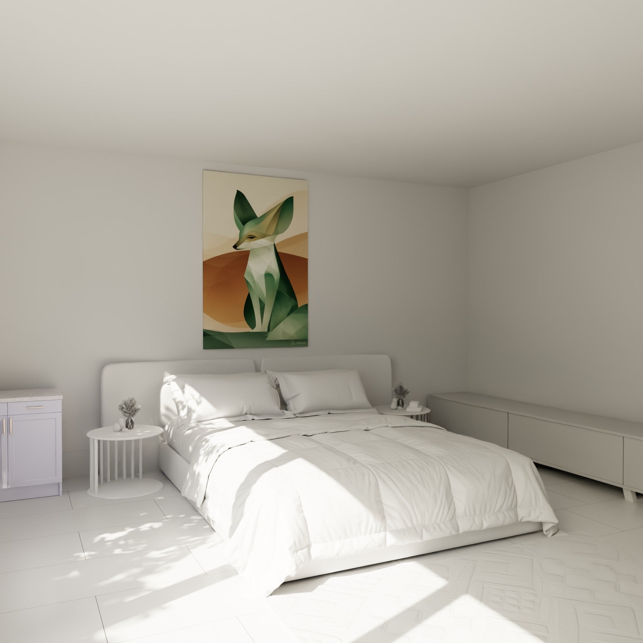 Silhouette de fennec vert sauge et beige assise, disposée au-dessus d'un lit dans une chambre claire