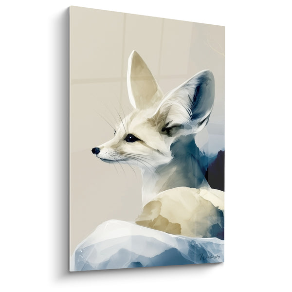 Tableau Fennec beige et bleu marine sur rocher glacé - Aquarelle profil délicat - Edition Fennec
