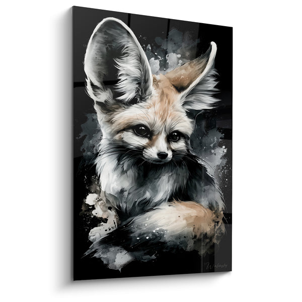 Tableau Fennec beige et gris aux éclaboussures d'encre noire - Queue repliée sur les pattes - Edition Fennec