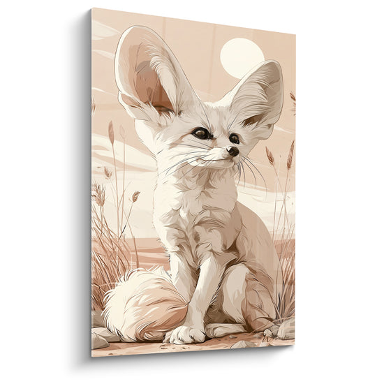 Tableau Fennec crème et beige parmi les roseaux - Lune pâle en arrière-plan - Edition Fennec