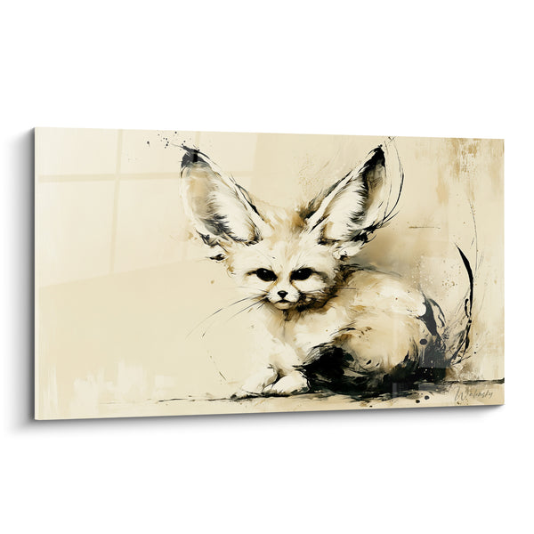 Tableau Fennec beige et noir aux éclaboussures d'encre - Silhouette couchée au sol - Edition Fennec
