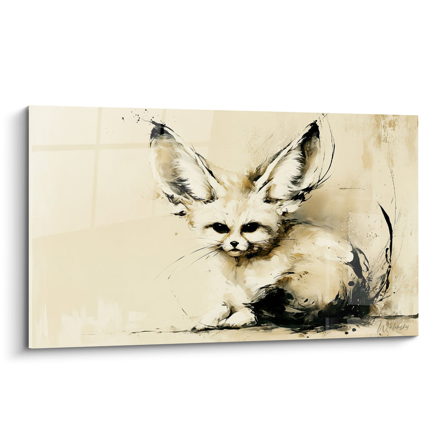 Tableau Fennec beige et noir aux éclaboussures d'encre - Silhouette couchée au sol - Edition Fennec