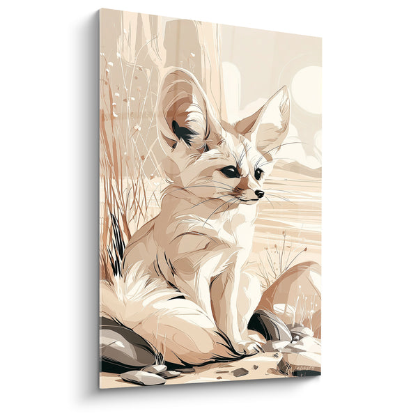 Tableau Fennec beige et brun parmi les hautes herbes - Silhouette monochrome au soleil - Edition Fennec