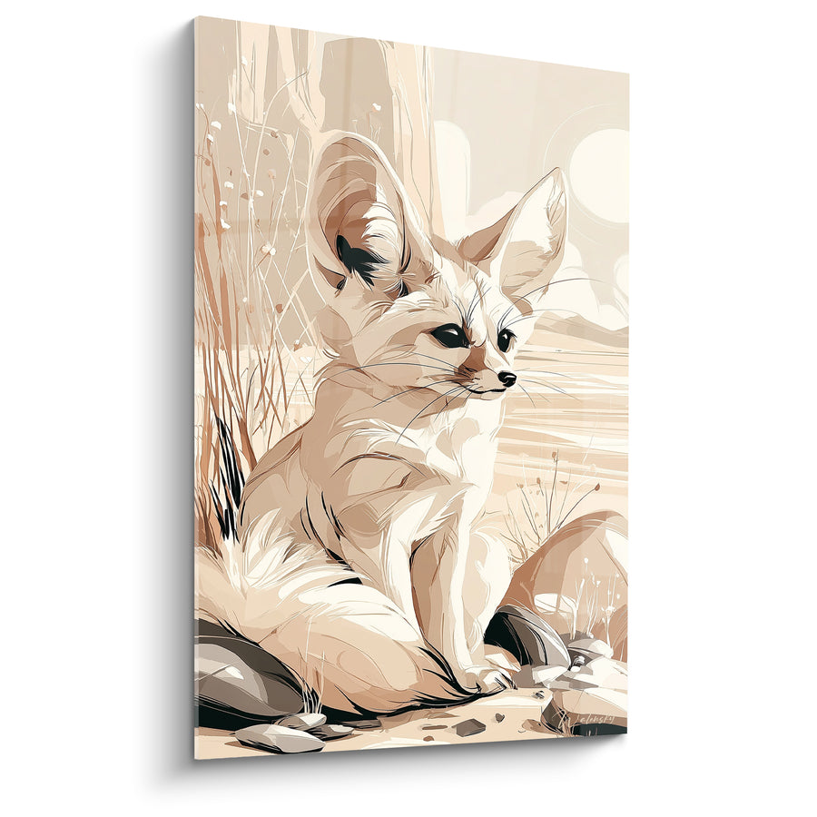 Tableau Fennec beige et brun parmi les hautes herbes - Silhouette monochrome au soleil - Edition Fennec