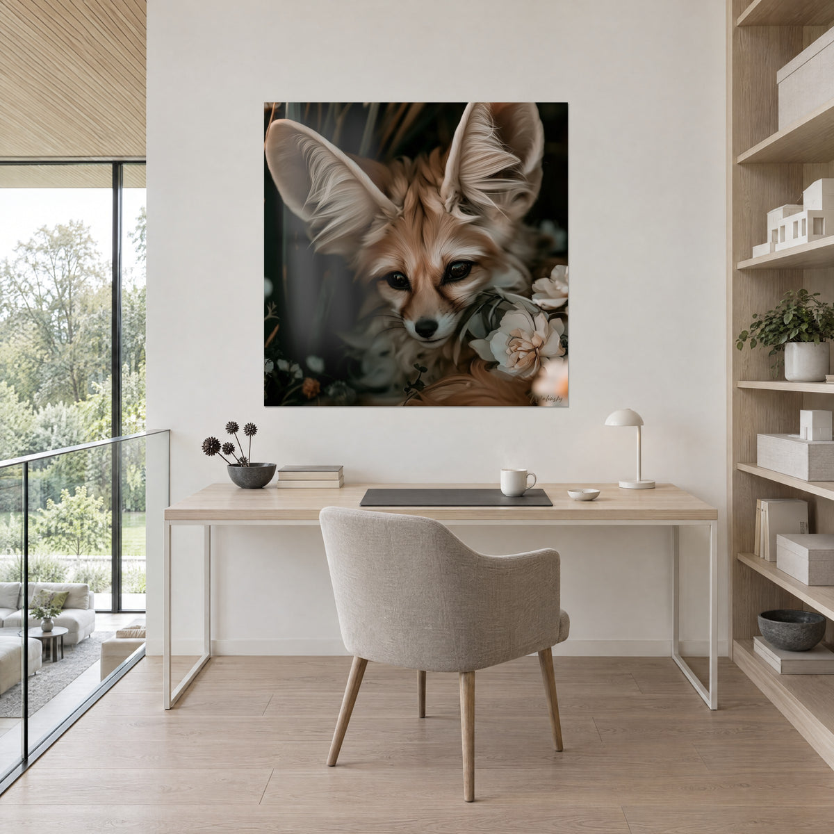 Schilderij van een fennekportret met glanzende zwarte ogen, beige en donkergroene tinten, aan de muur van een lichte houten kantoor met fauteuil