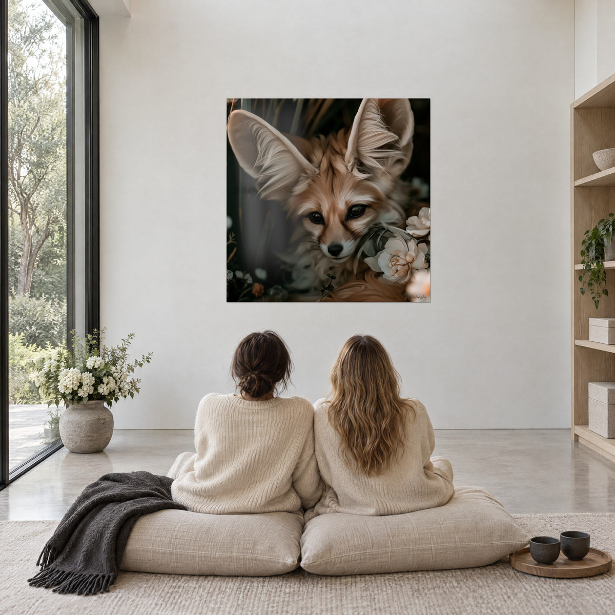 Schilderij van een fennek met overdreven grote oren tussen ivoorkleurige rozen, beige en groene tinten, bekeken door twee vrouwen die met hun rug zitten