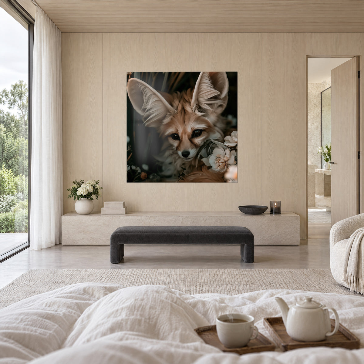 Schilderij van een Saharavos met grote pluizige beige en crèmekleurige oren en witte bloemen, boven een bed in een lichte slaapkamer