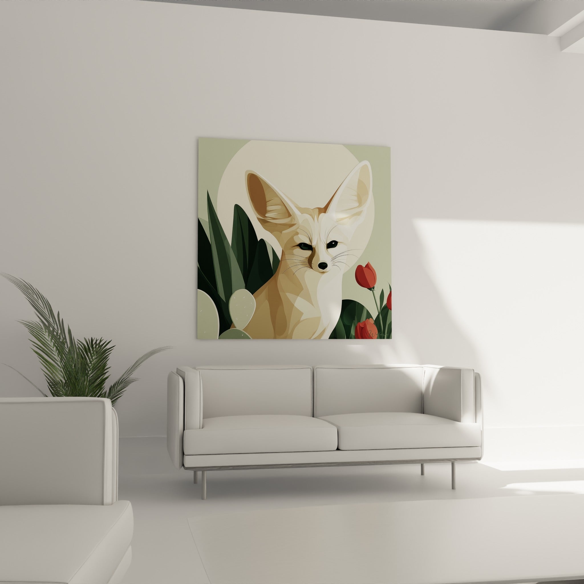 Silhouette du fennec crème parmi cactus verts et tulipe rouge au-dessus d'un canapé dans un salon lumineux