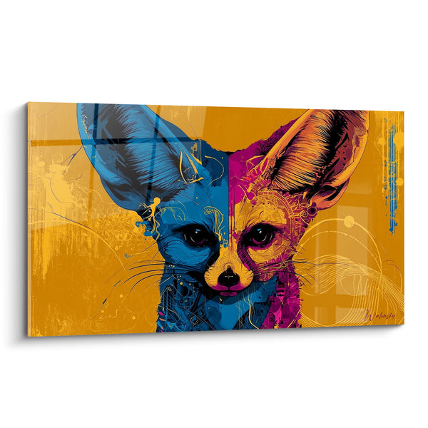 Tableau Fennec bicolore bleu et magenta sur fond ocre - Dualité du désert - Edition Fennec