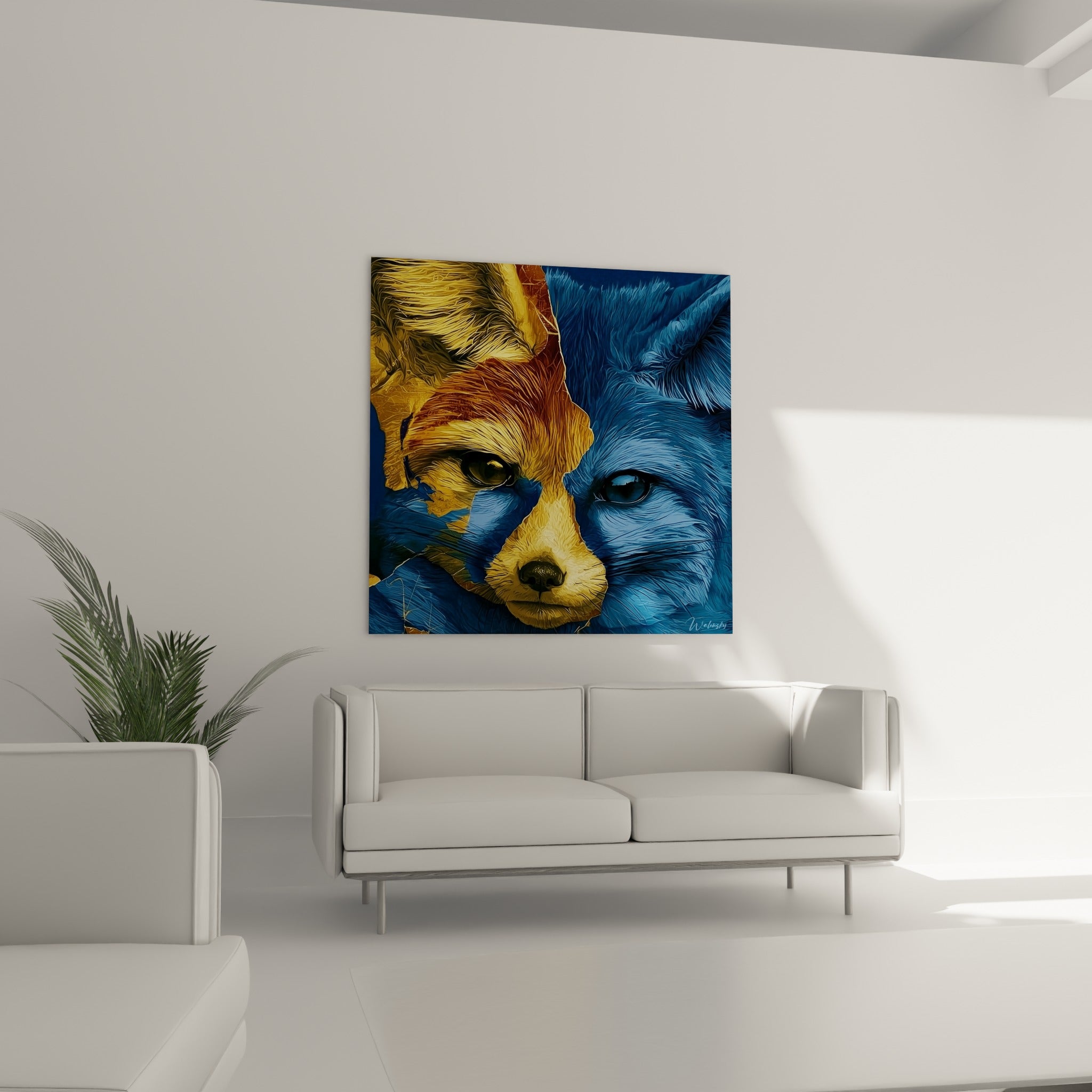 Portrait de fennec bicolore ocre et bleu profond, au-dessus d'un canapé dans un salon lumineux