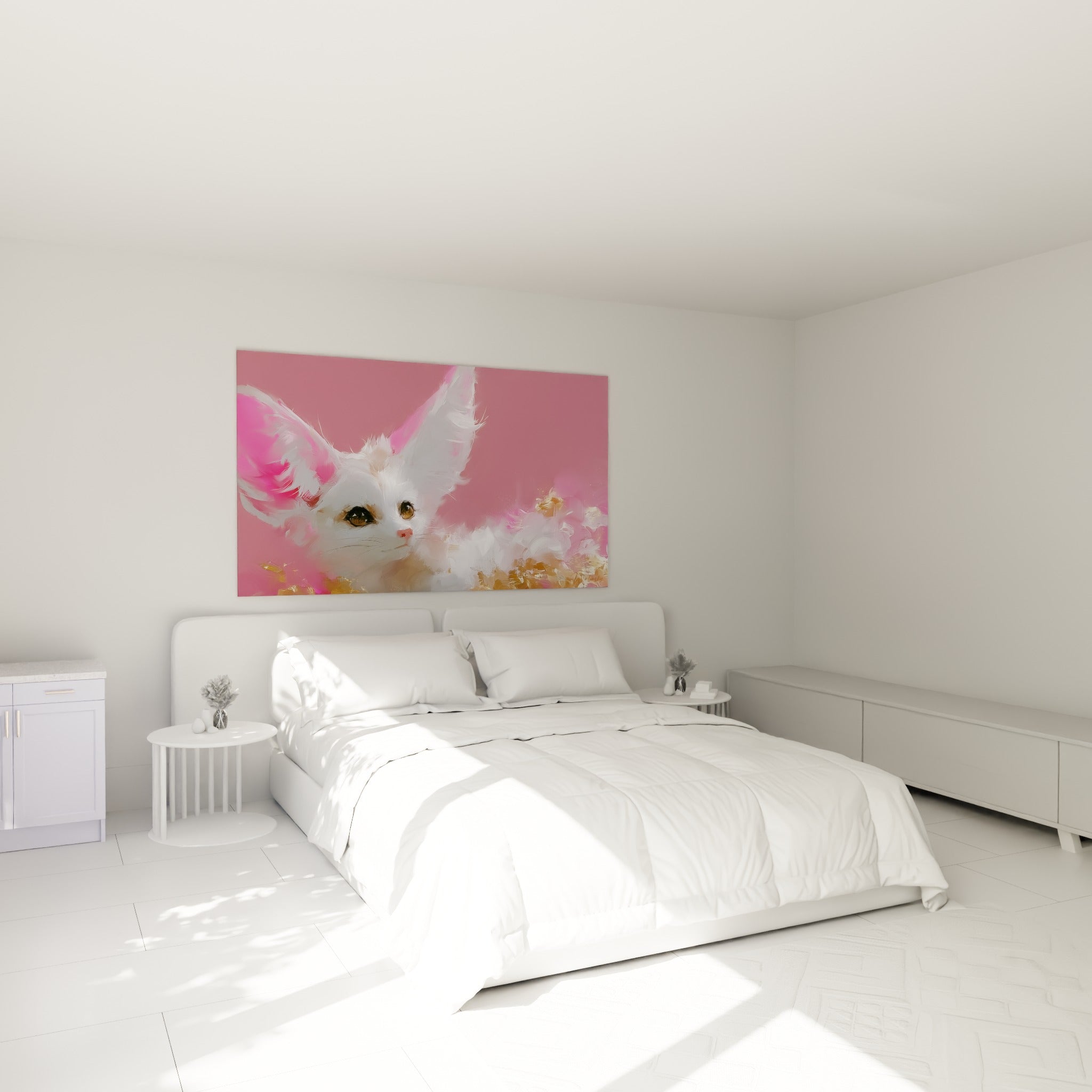 Portrait de fennec blanc et doré aux oreilles roses, accroché au-dessus d'un lit dans une chambre claire