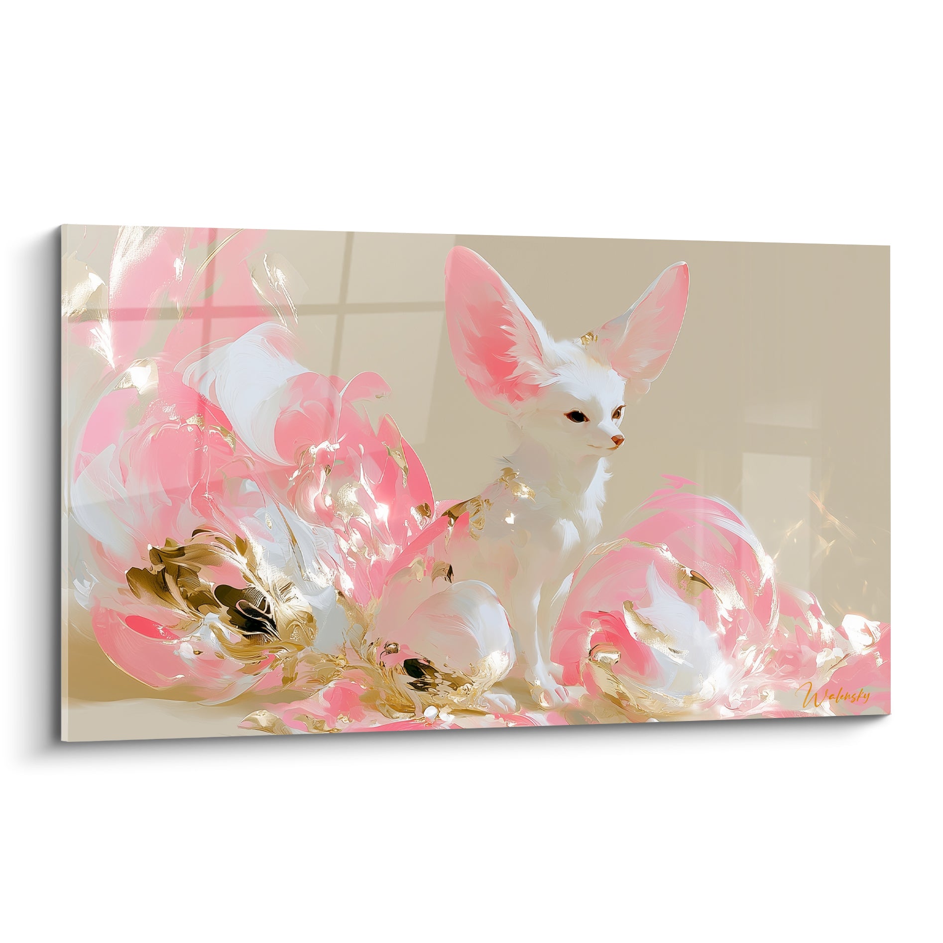 Fennec blanc aux oreilles roses entouré de pivoines dorées et roses, style pictural délicat