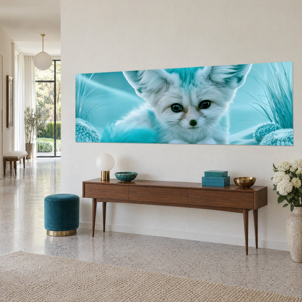 Cuadro de un pequeño fennec de mirada oscura, pelaje blanco escarchado y aguamarina, hierbas turquesa, visto de tres cuartos en un pasillo claro