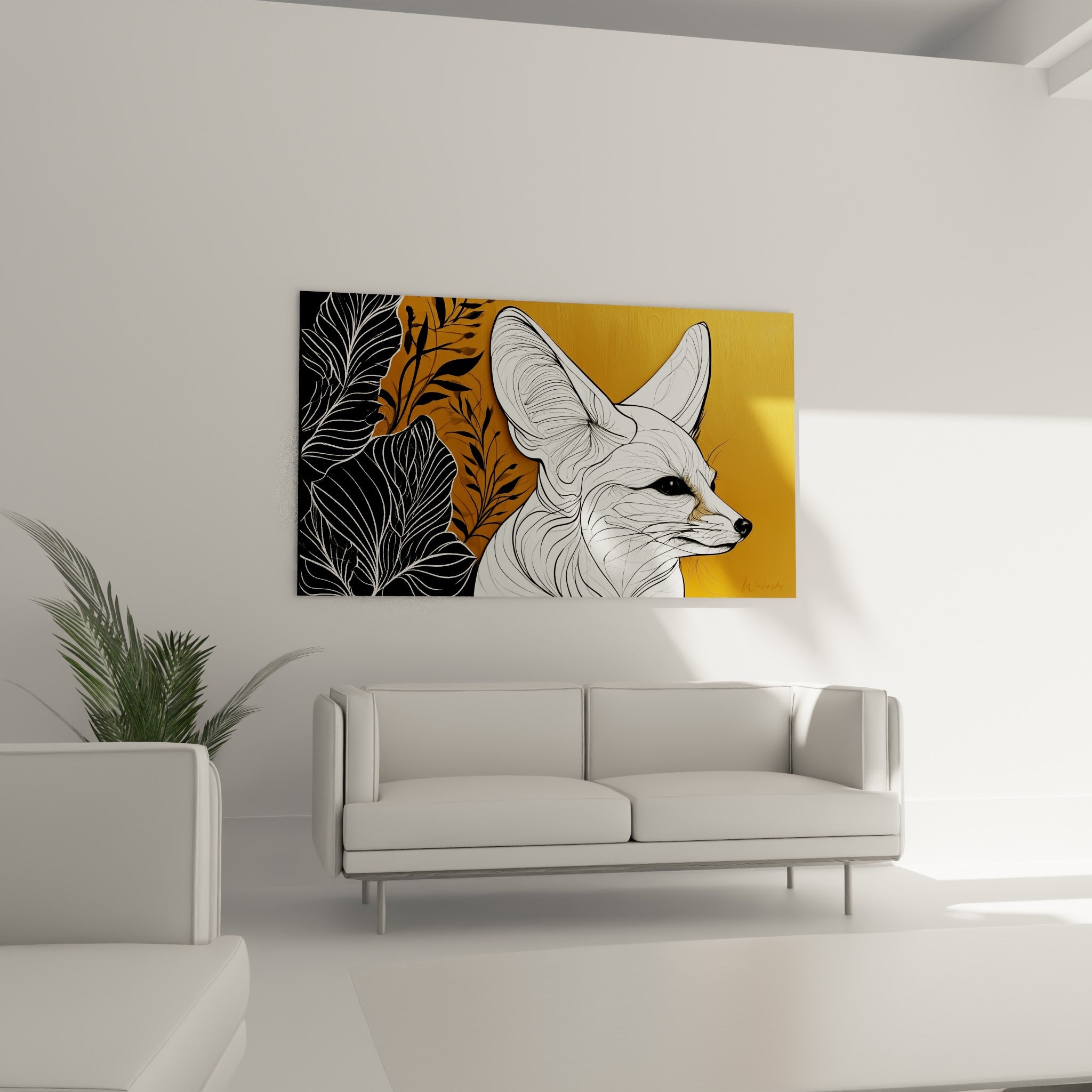 Portrait du fennec blanc et doré entouré de feuillage noir, au-dessus d'un canapé dans un salon lumineux