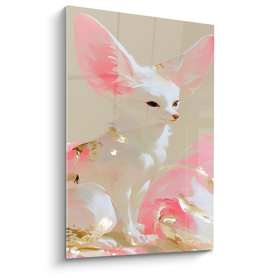 Tableau Fennec blanc aux oreilles roses parmi les pivoines - Pétales dorés en fleurs - Edition Fennec