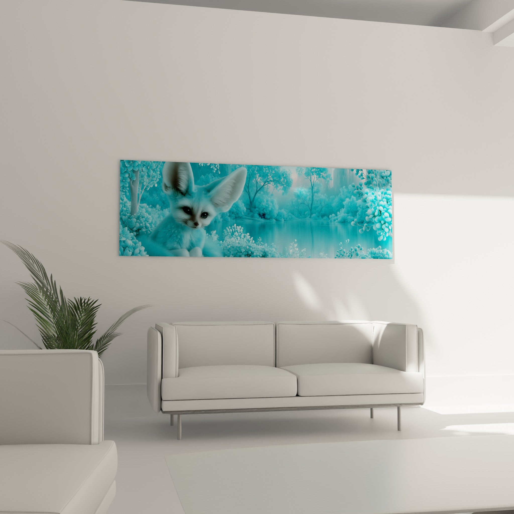 Fennec paisible dans un décor turquoise et blanc nacré, au-dessus d'un canapé dans un salon lumineux
